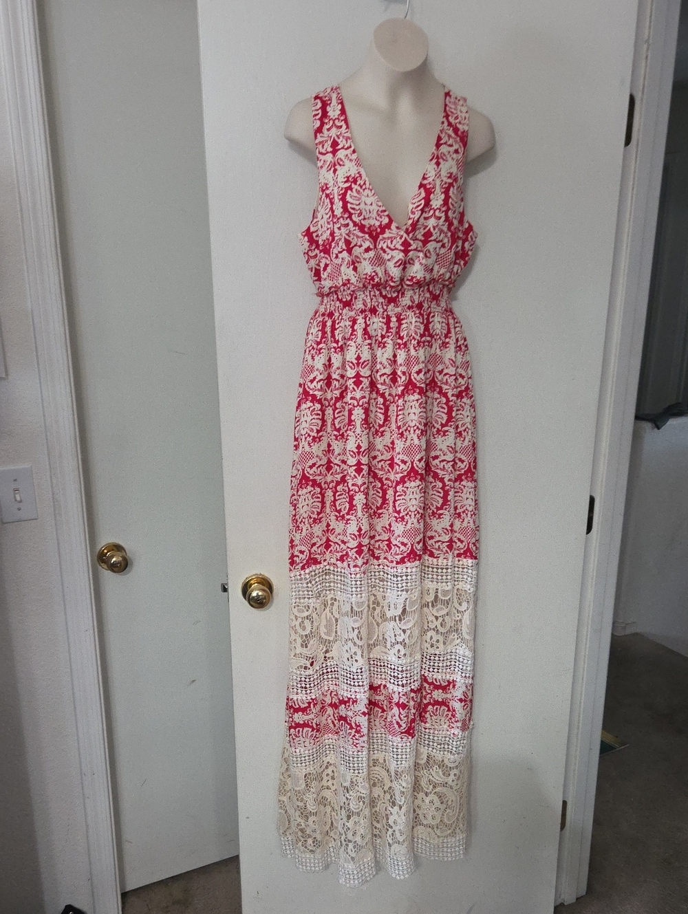 Sunday in Brooklyn Red & Cream V-Neck Lace Panel Maxi Dress